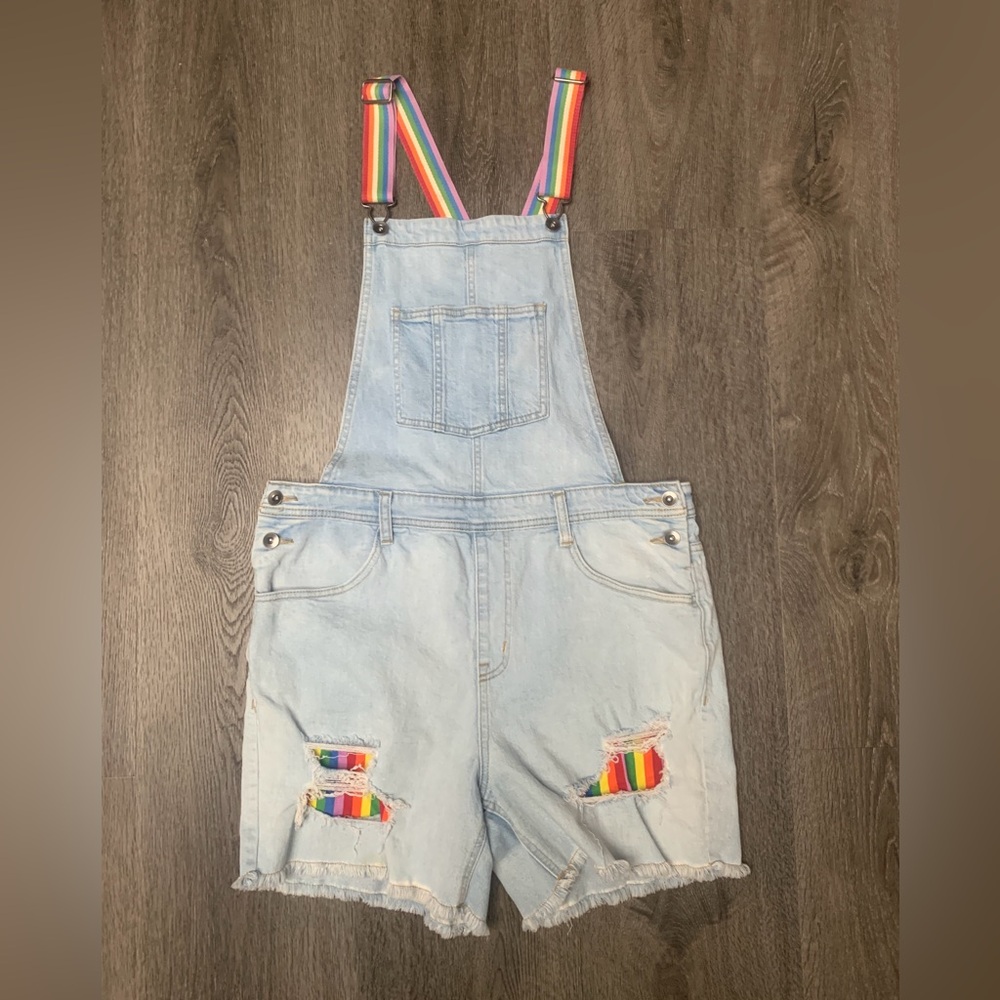 Pride Shortalls Target Denim Rainbow Stripes Light Wash Raw Hem Adult Medium - Picture 8 of 11